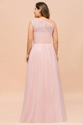 Chic One-Shoulder Pink Lace Bridesmaid Dresses with Slit-27dress
